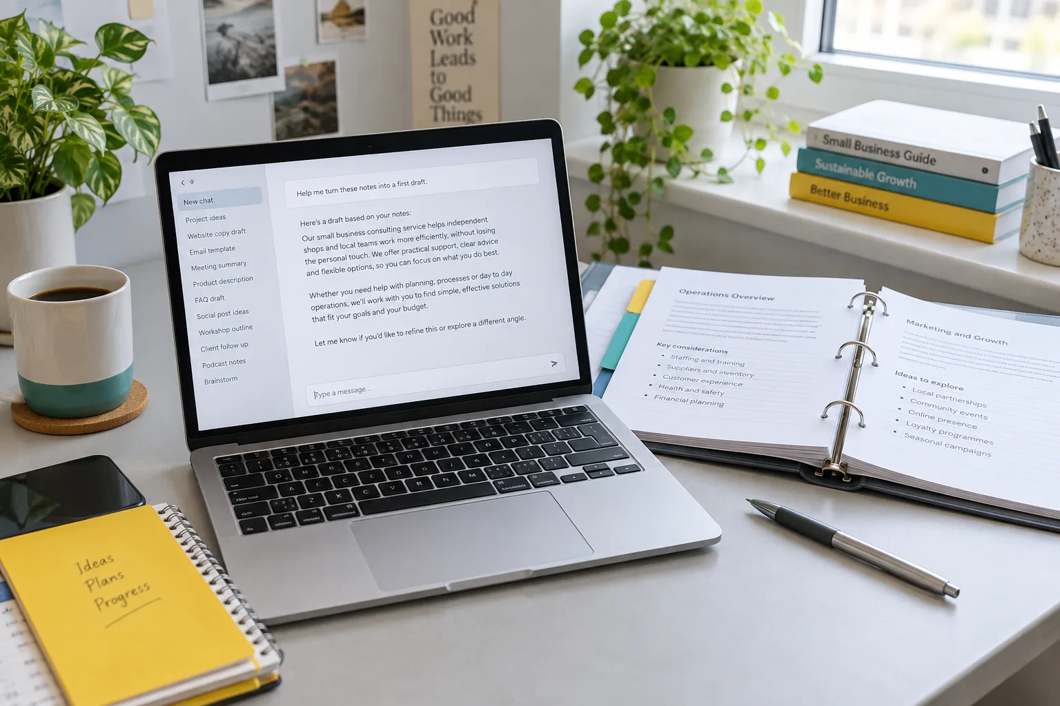A text-assistant draft beside an open binder of business notes