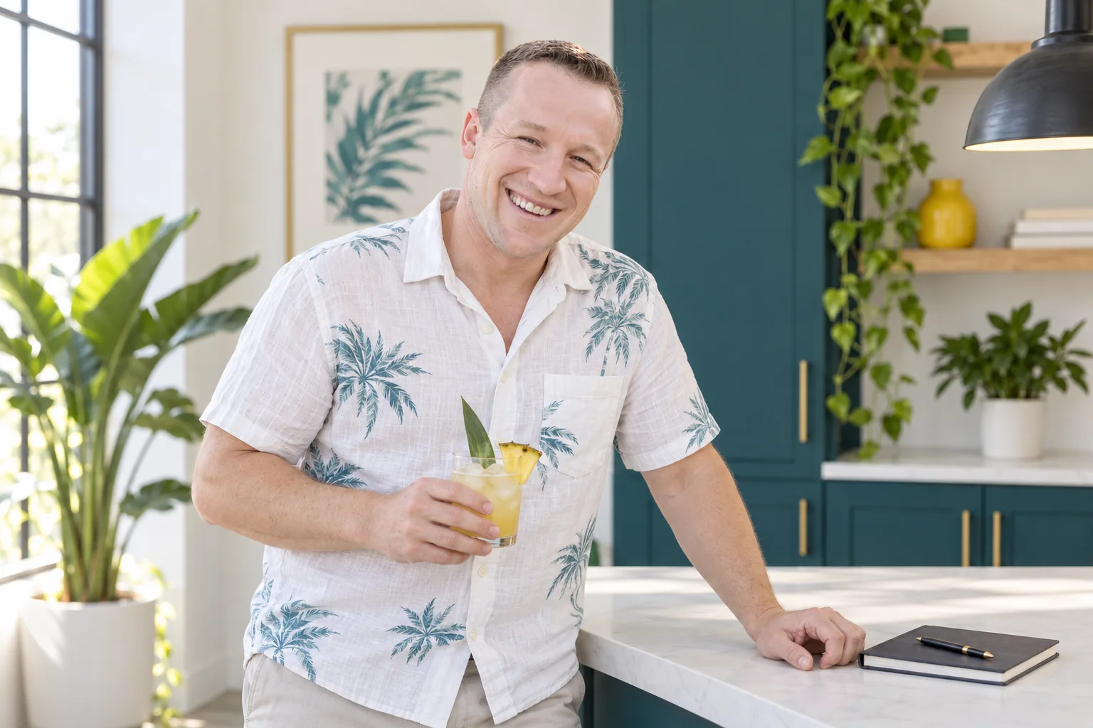 Kyle with a pineapple drink and planning notebook.
