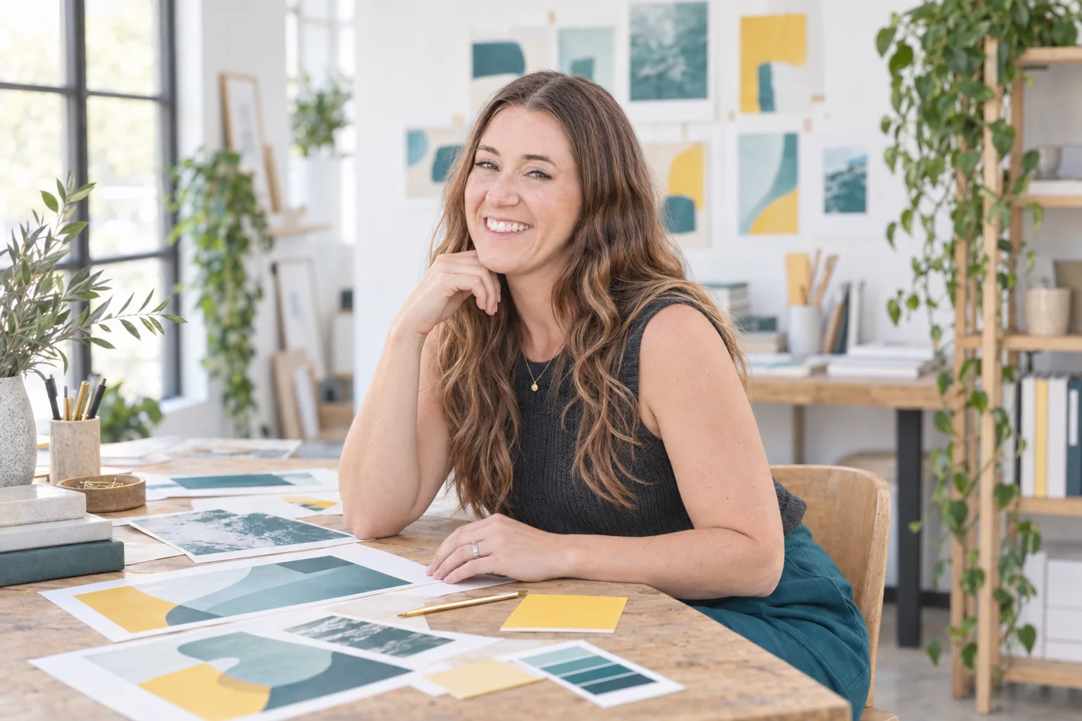Mikaila at a creative worktable with design proofs.
