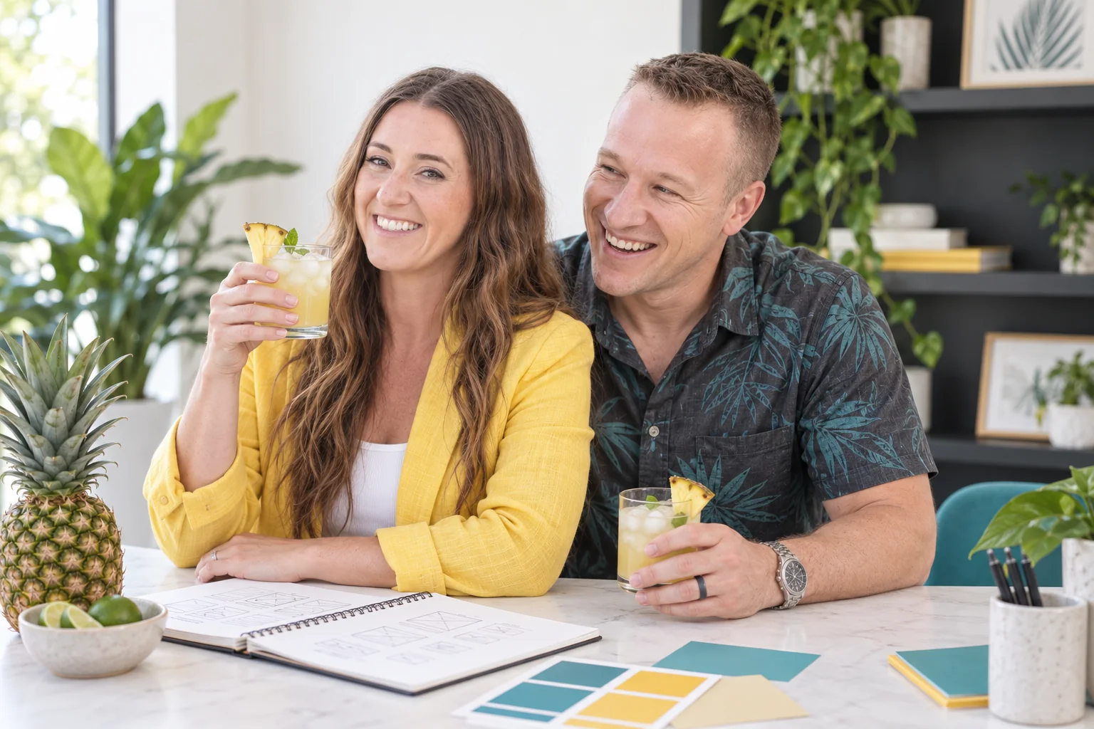 Mikaila and Kyle sharing a laugh over pineapple drinks at their workspace