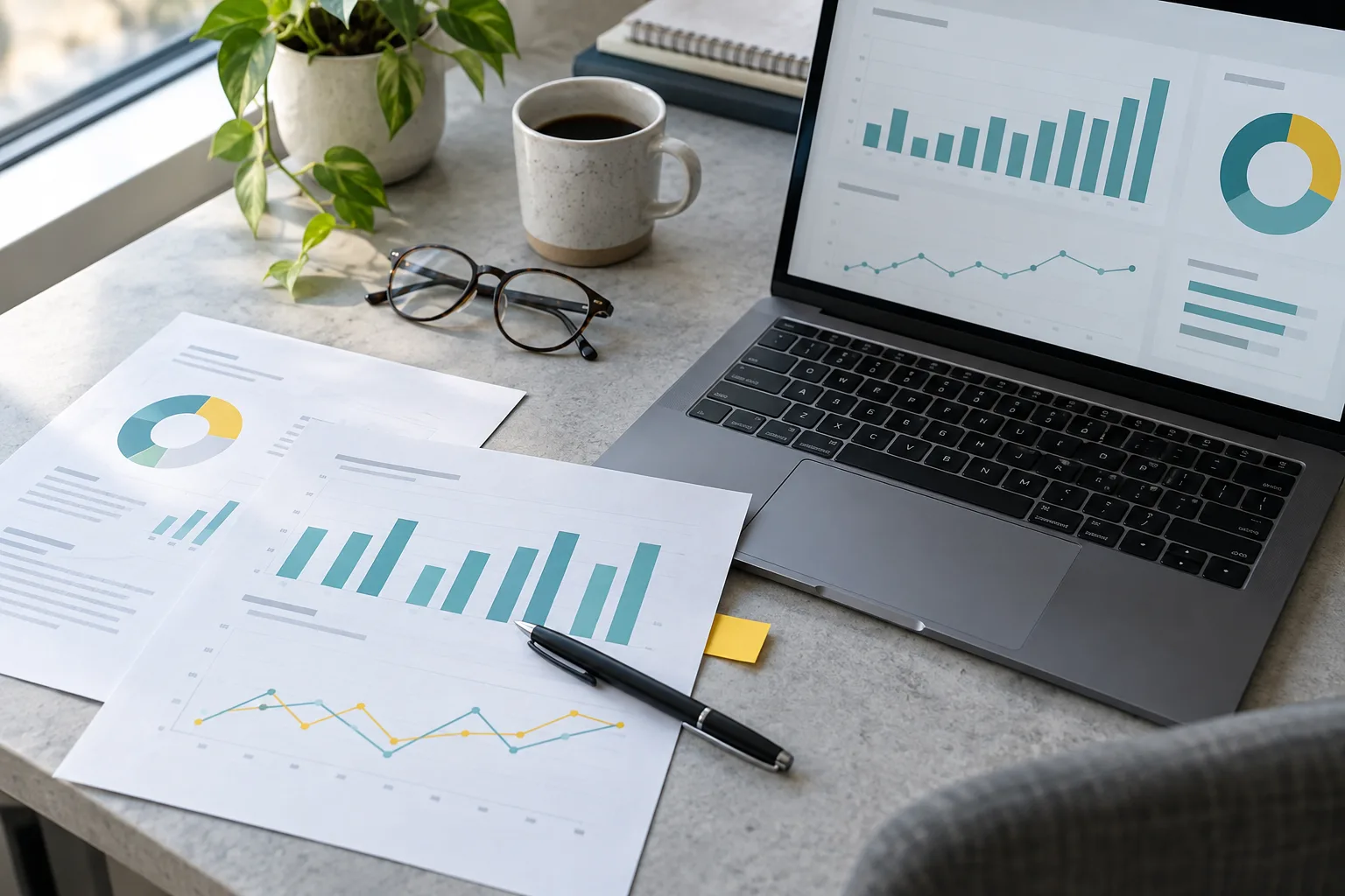 A marketing workspace with reports ready for review