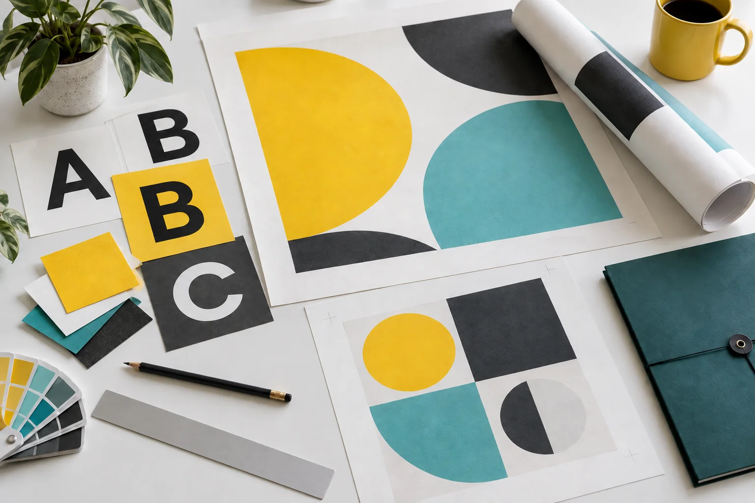 Yellow and teal brand concepts laid out across a creative workspace