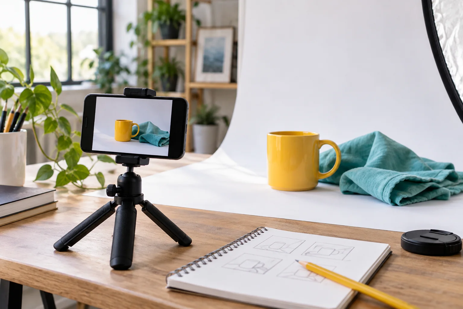 Phone on a tripod photographing a yellow mug and teal fabric beside storyboard notes