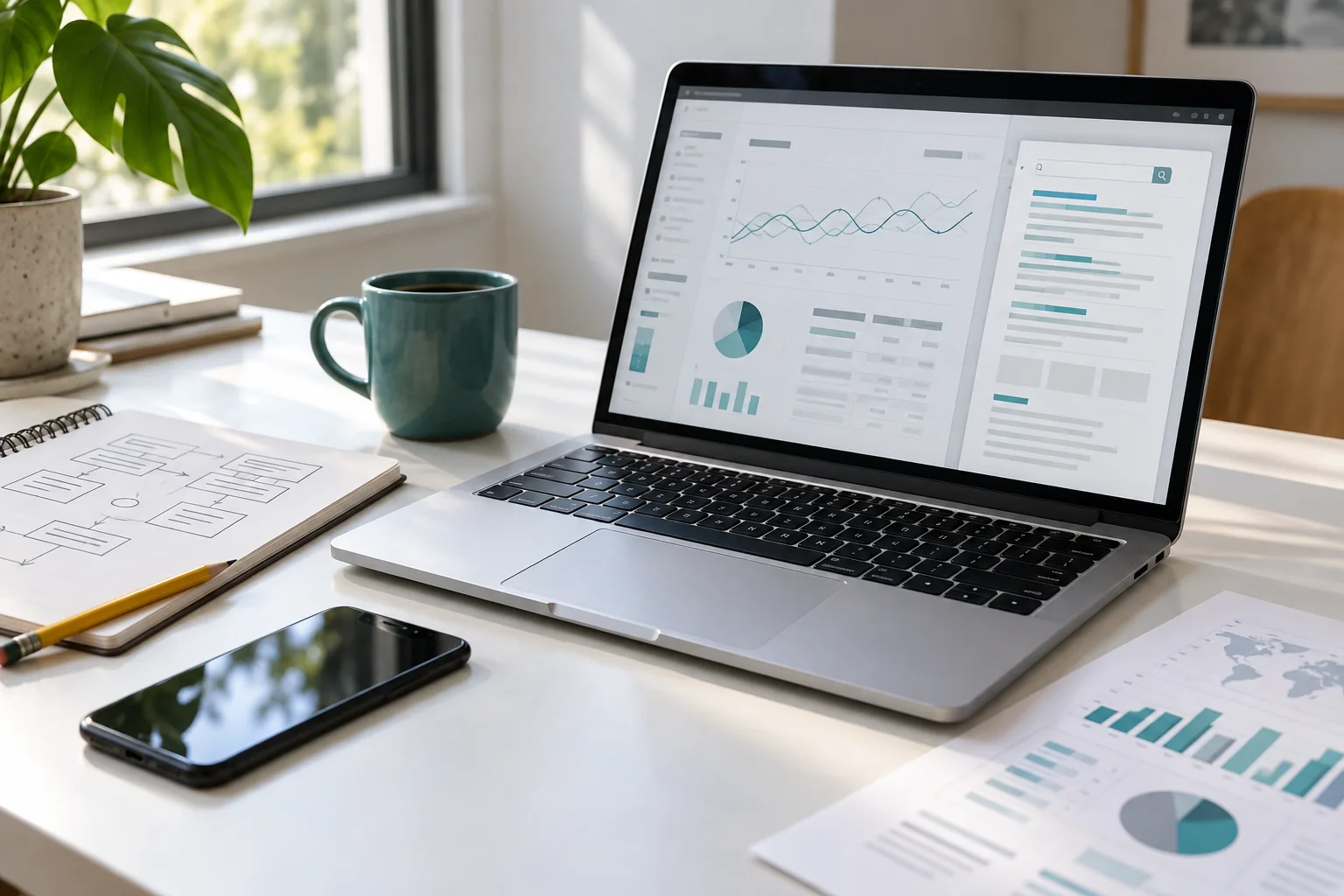 Illustrative search and measurement workspace beside a paper planning diagram