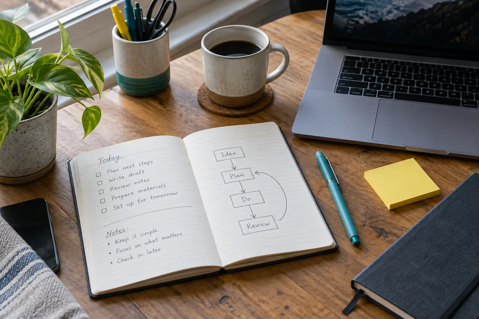 An open notebook, coffee and space to work through ideas