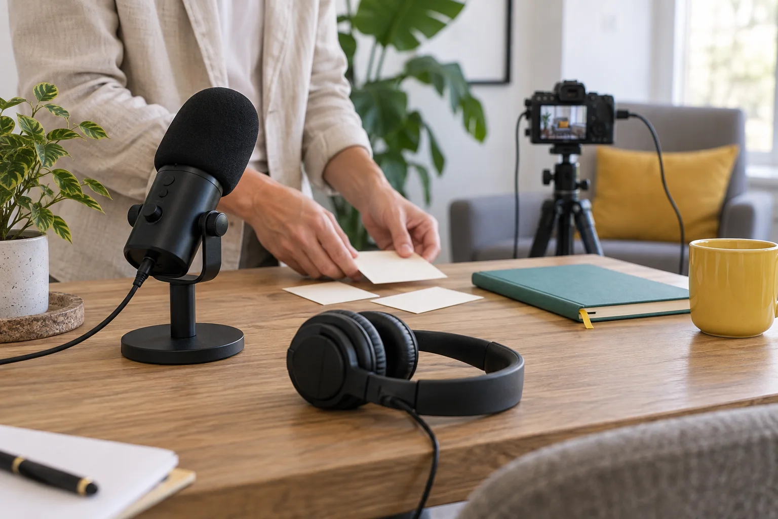 Preparing cue cards beside a microphone, headphones and camera.