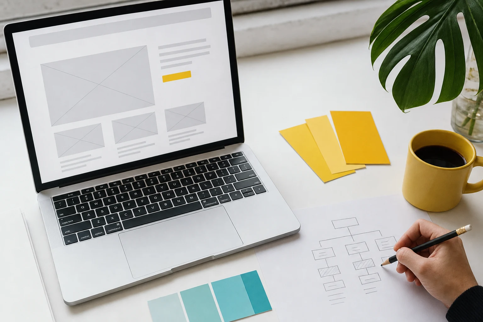 Website planning with a laptop, page sketches and Colada yellow and teal colour swatches.