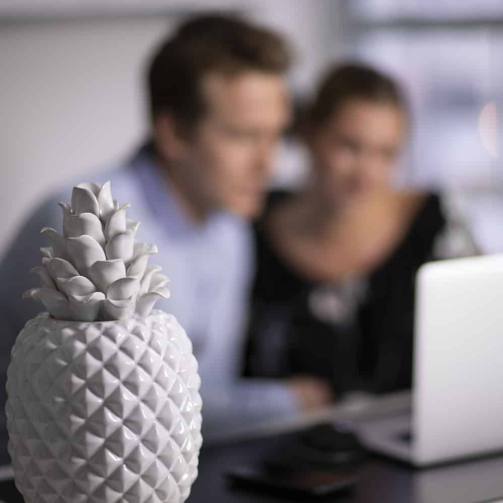 Building A Brand Colada Marketing (72) pineapple blurred workers office woman man dressed up leaning in