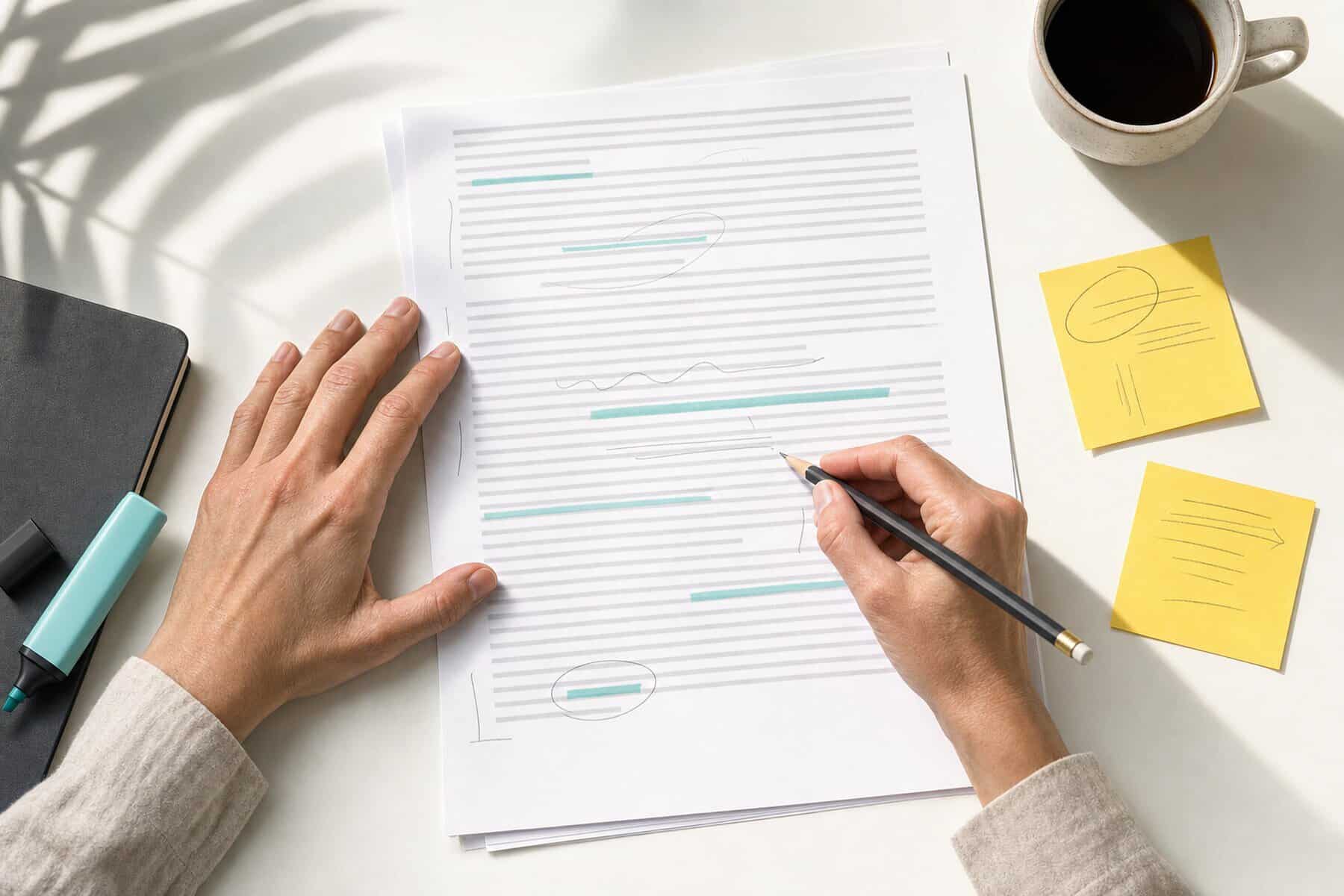 A person editing a printed marketing draft with pencil, teal highlights, and yellow notes