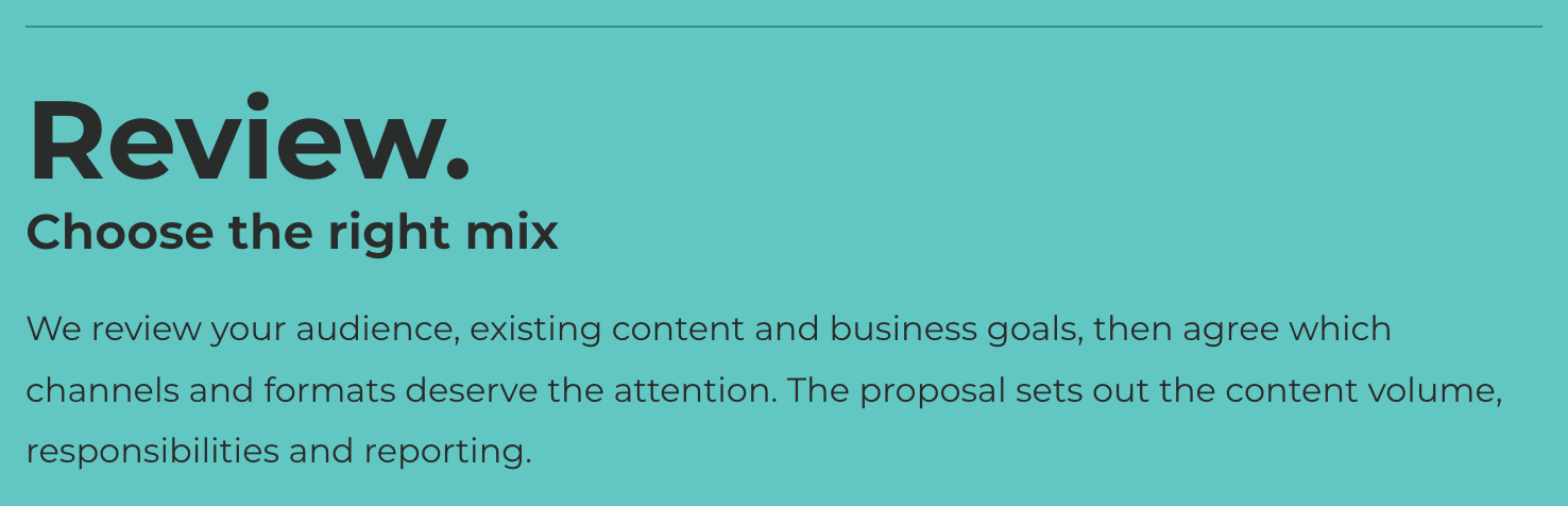 Colada's service page explains that a proposal sets out content volume, responsibilities and reporting.