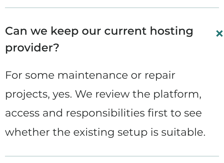 Colada's FAQ says an existing hosting provider may suit some maintenance or repair projects, after reviewing the platform, access and responsibilities.